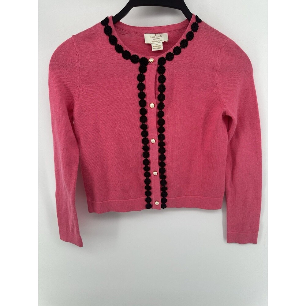 Kate Spade Pink Cardigan Sweater Pearl Buttons Black Trim girls 6x